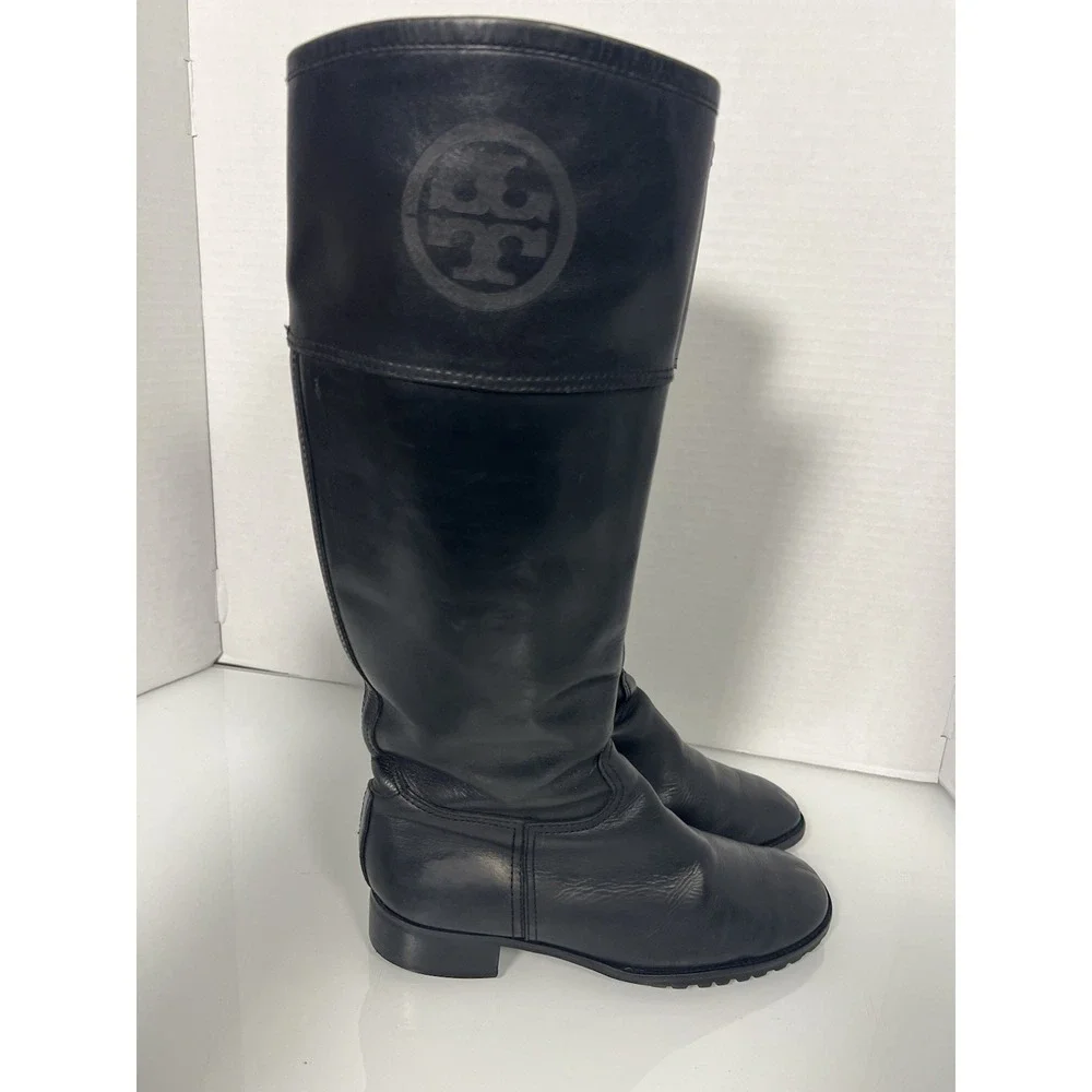 AUTHENTIC‎ TORY BURCH (7.5M) TALL BLACK LEATHER LOGOED BOOTS SEE DISCRIPTION